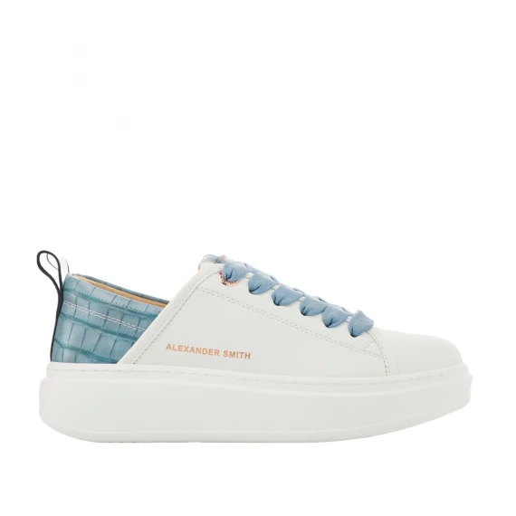 Sneakers Eco-Wembley bianca con sperone a stampa coccodrillo azzurro e lacci azzurri