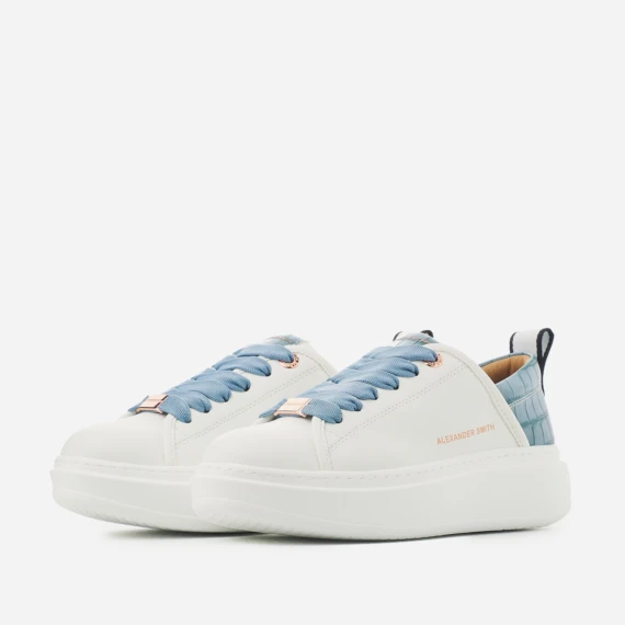 Sneakers Eco-Wembley bianca con sperone a stampa coccodrillo azzurro e lacci azzurri