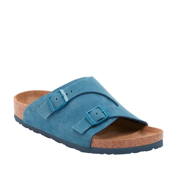 Ciabatta con doppia fibbia in morbido suede azzurro