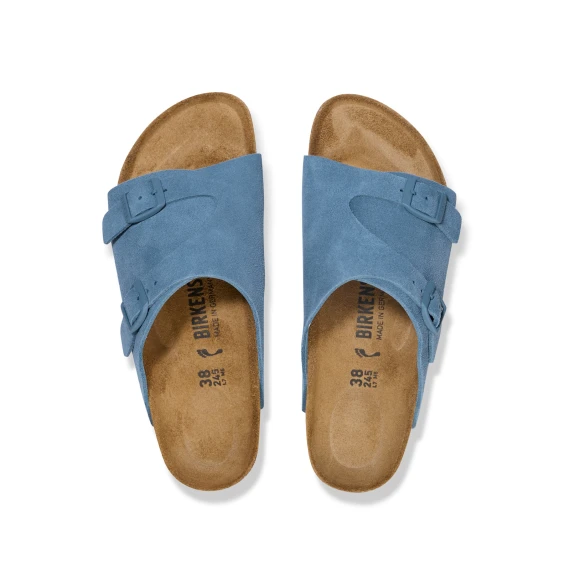 Ciabatta con doppia fibbia in morbido suede azzurro