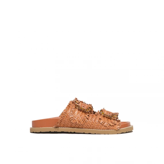 Ciabatta a due fasce in pelle intrecciata arancio