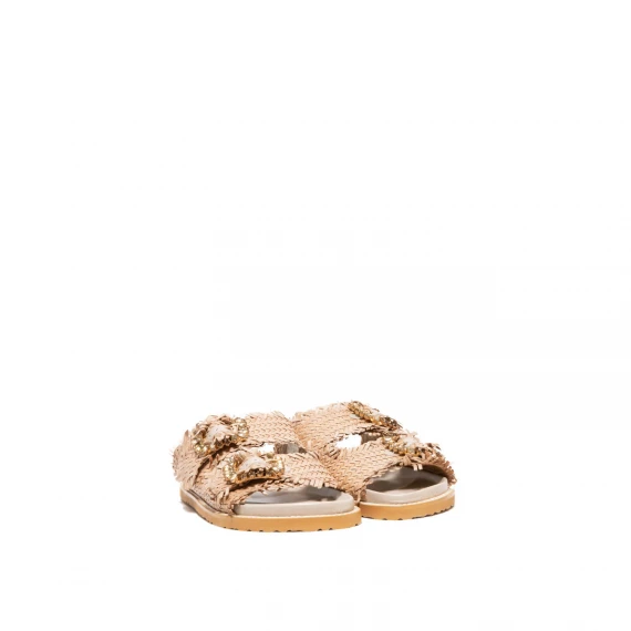 Ciabatta a due fasce in pelle intrecciata rosa nude con fibia di strass