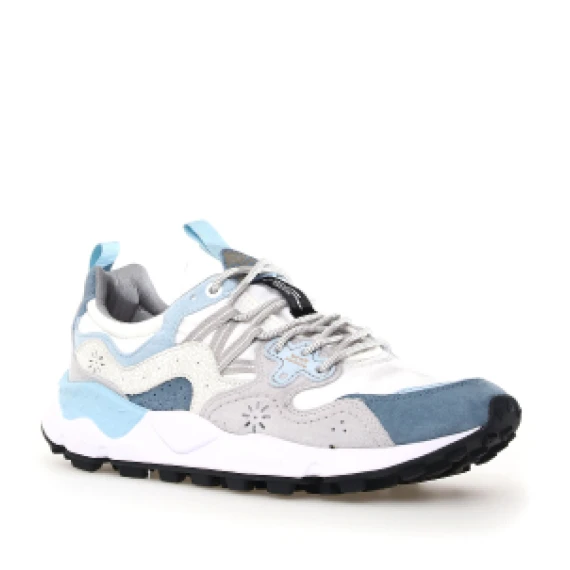 Sneakers Yamano in suede grigio e inserti azzurri e tessuto tecnico bianco