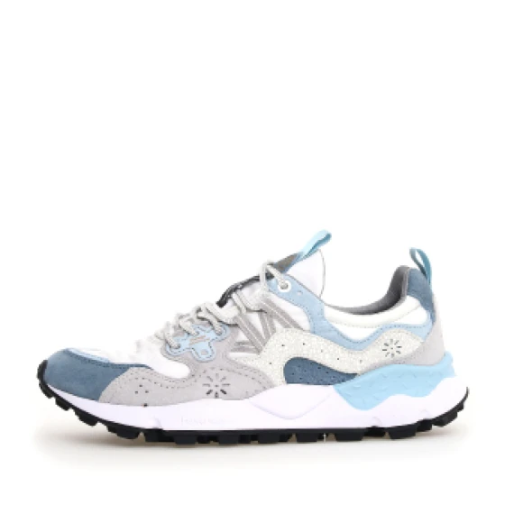 Sneakers Yamano in suede grigio e inserti azzurri e tessuto tecnico bianco