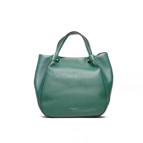 Borsa a due manici e tracolla interna in pelle martellata verde scuro con borchie
