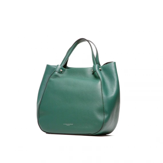Borsa a due manici e tracolla interna in pelle martellata verde scuro con borchie