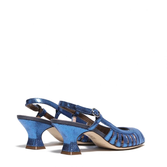 Sandalo a listini  pelle laminata bluette