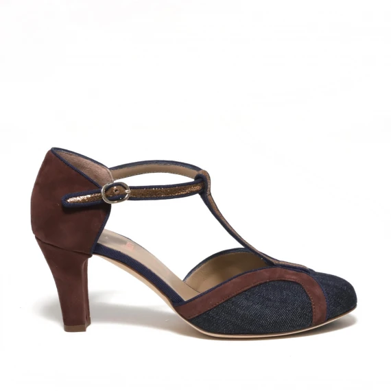 Scarpa charleston in tessuto denim e riporti in suede marrone