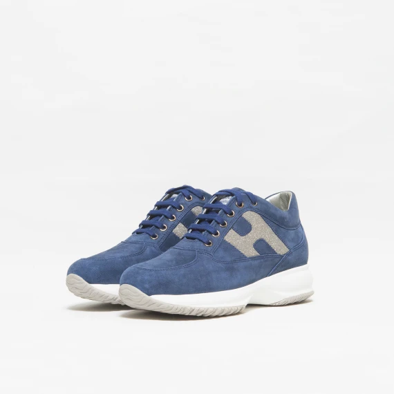 Sneaker Hogan Interactive in suede blu e H laterale glitter