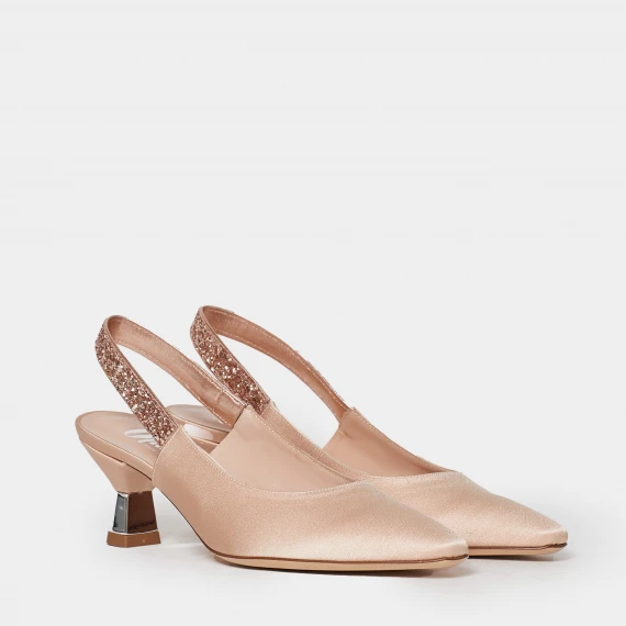 Slingback in satin nude e listino glitterato