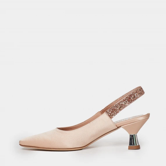 Slingback in satin nude e listino glitterato
