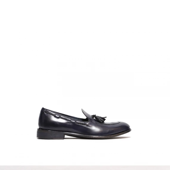 Mocassino con nappine e treccia in pelle pieno fiore blu
