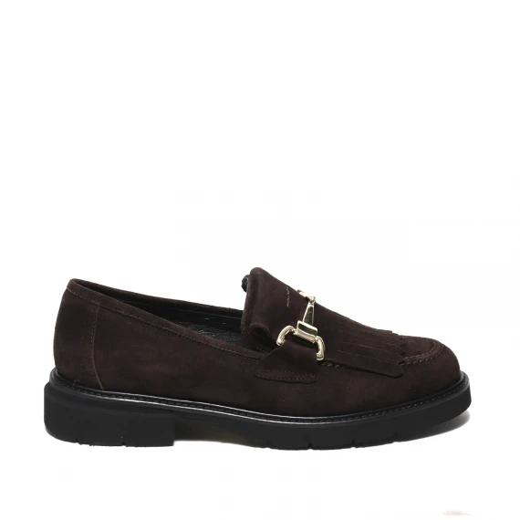 Mocassino in suede ebano con frangia e morsetto dorato