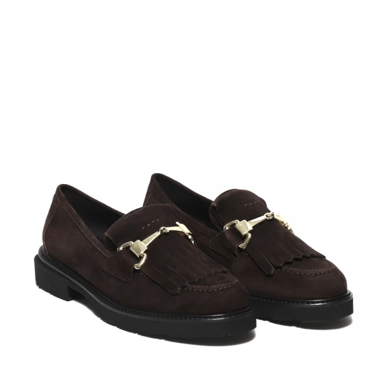 Mocassino in suede ebano con frangia e morsetto dorato