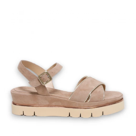 Sandalo incrociato in suede biscotto con listino