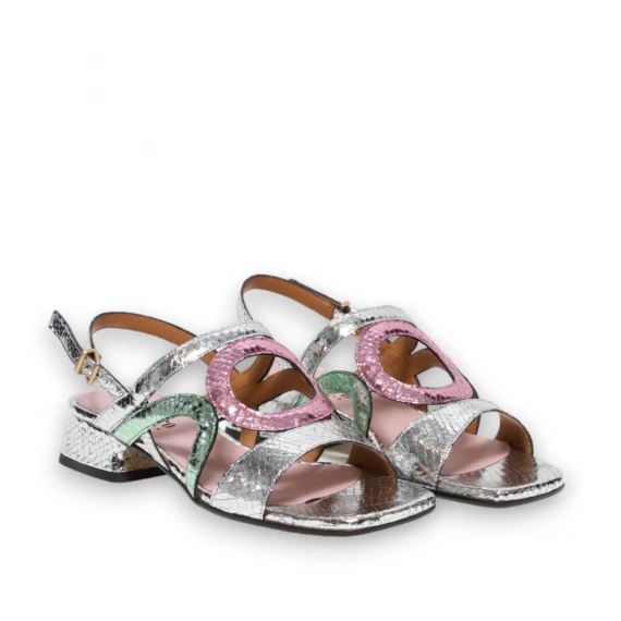 Sandalo in pelle stampata lucertola argento fuxia verde acqua