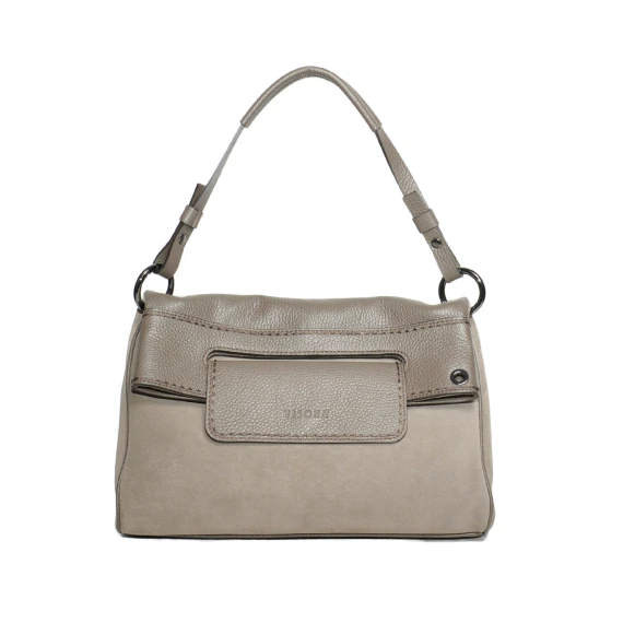 Borsa con pattina a due manici in pelle martellata e suede wengé