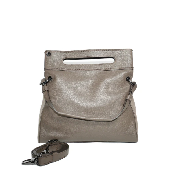 Borsa con pattina a due manici in pelle martellata e suede wengé