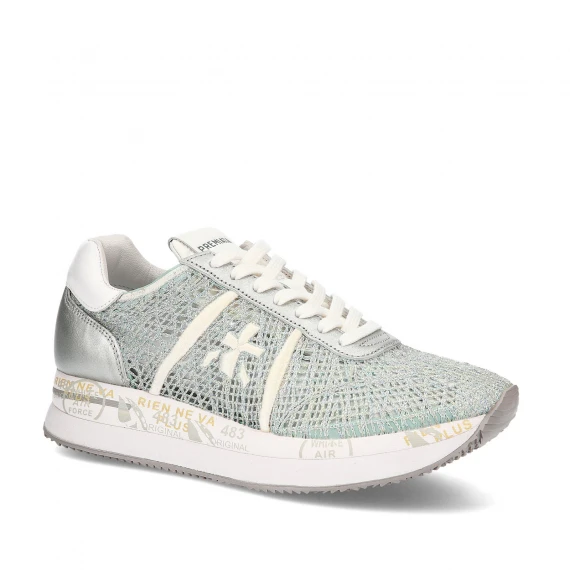 Sneakers Conny in tessuto uncinetto grigio azzurro e logo in pelle bianca
