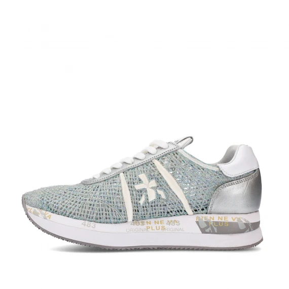 Sneakers Conny in tessuto uncinetto grigio azzurro e logo in pelle bianca