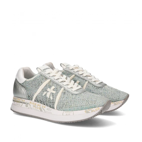 Sneakers Conny in tessuto uncinetto grigio azzurro e logo in pelle bianca