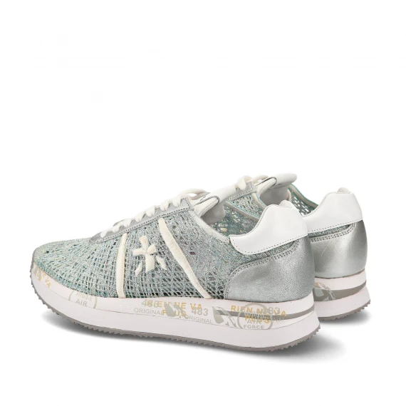 Sneakers Conny in tessuto uncinetto grigio azzurro e logo in pelle bianca