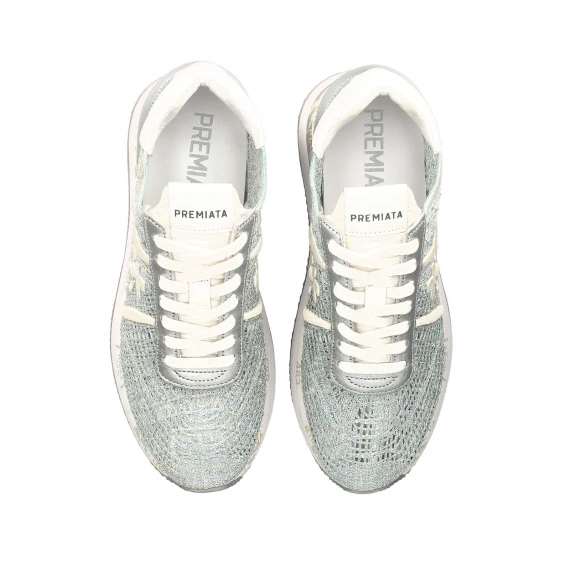 Sneakers Conny in tessuto uncinetto grigio azzurro e logo in pelle bianca