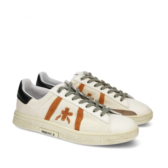 Sneakers Russell in pelle bianca e canvas naturale