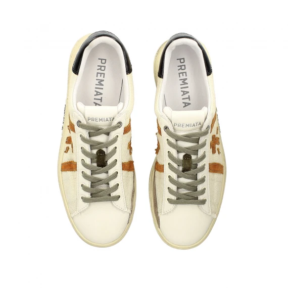 Sneakers Russell in pelle bianca e canvas naturale