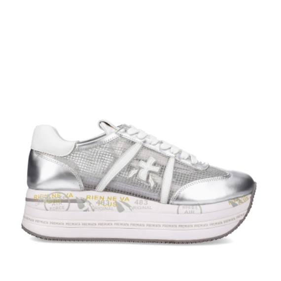 Sneakers Beth in pelle argento e tessuto tecnico a rete trasparente