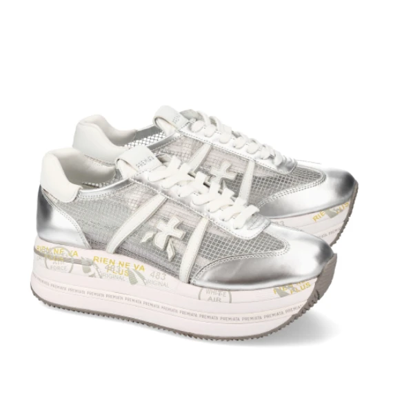 Sneakers Beth in pelle argento e tessuto tecnico a rete trasparente