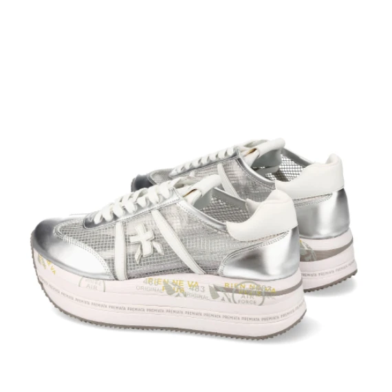 Sneakers Beth in pelle argento e tessuto tecnico a rete trasparente