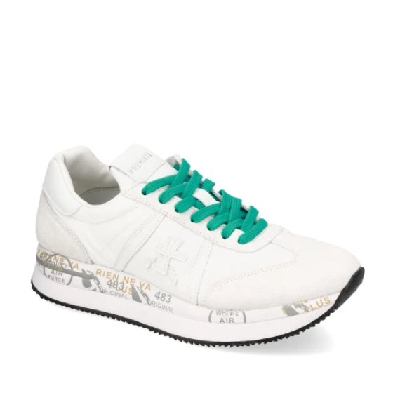 Sneakers Conny in suede bianco e nylon con riporti e logo in pelle bianca
