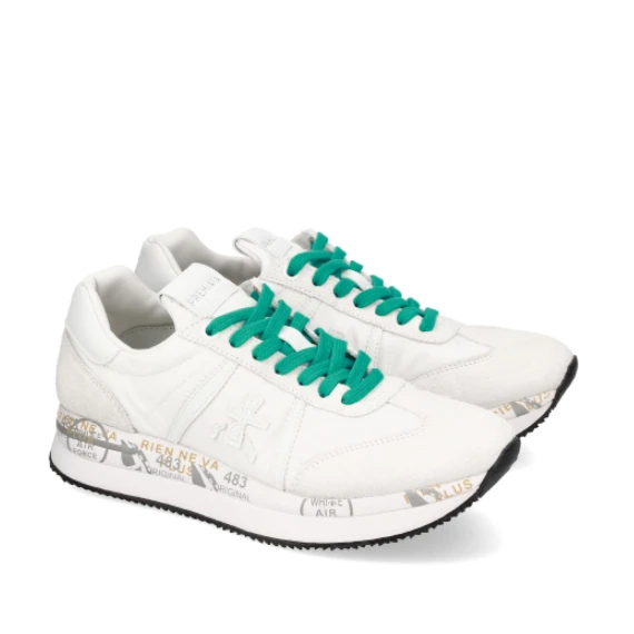Sneakers Conny in suede bianco e nylon con riporti e logo in pelle bianca