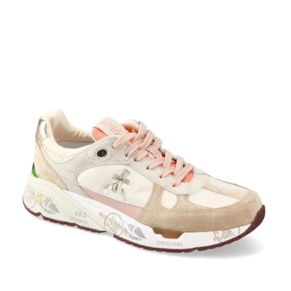 Sneakers Mased in suede e tessuto beige con particolari in pelle rosa