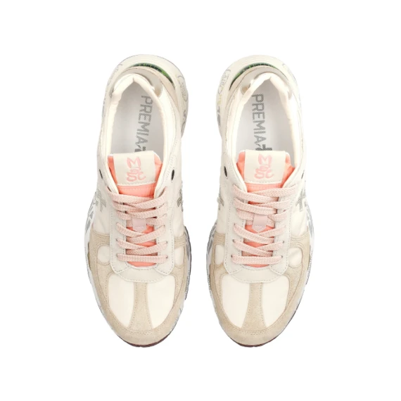 Sneakers Mased in suede e tessuto beige con particolari in pelle rosa